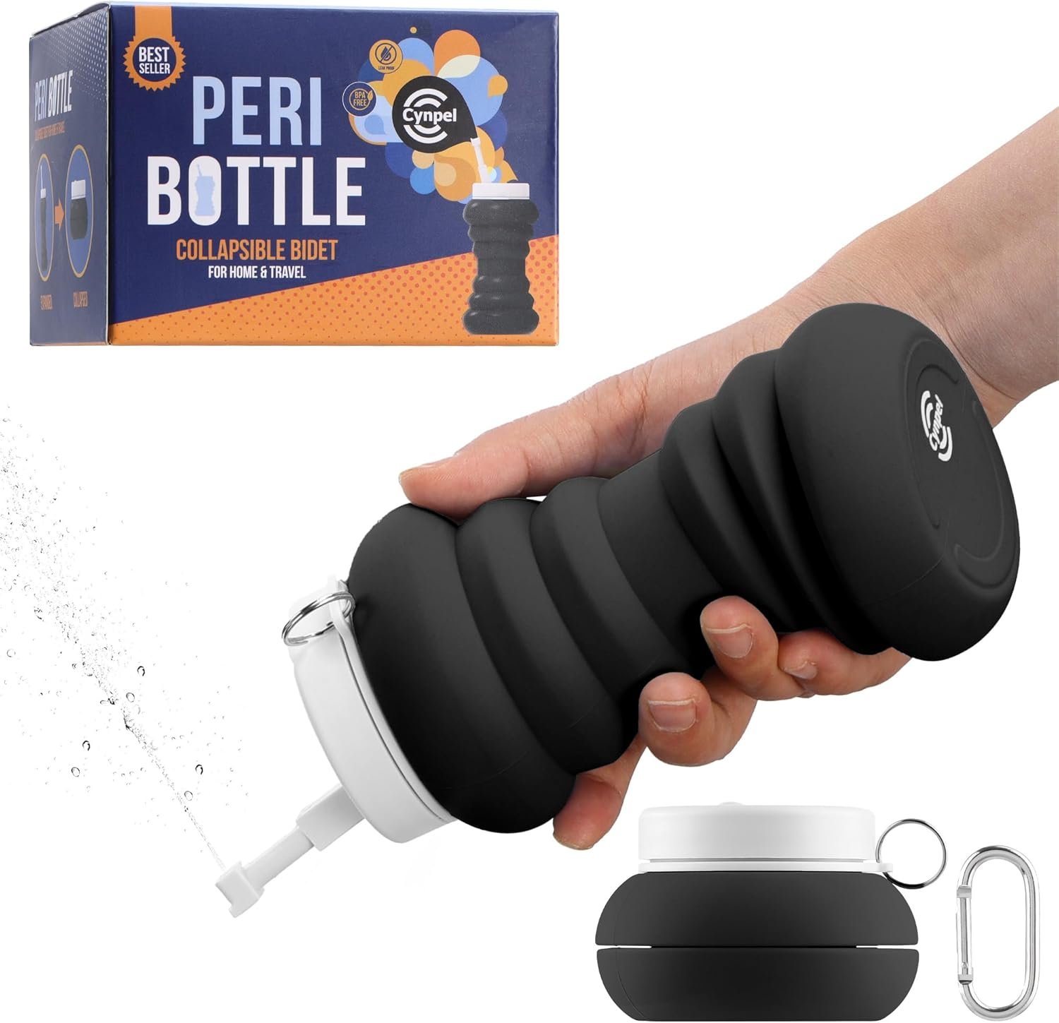 Cynpel Foldable Peri Bottle – Compact Leak-Proof Portable Travel Bidet Sprayer – Ideal for Postpartum Care Perineal Spray Wash & Personal Hygiene – Jet Spray Portable Bidet – Black