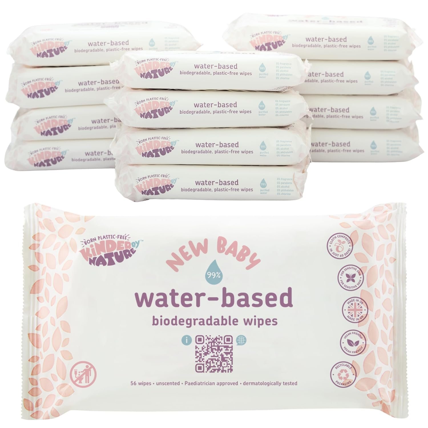 Kinder by Nature Water-Based Baby Wipes – 672 Count (12 packs of 56) -Unscented and Hypoallergenic – 99% water – 100% biodegradable – Plastic-Free Baby Wipes