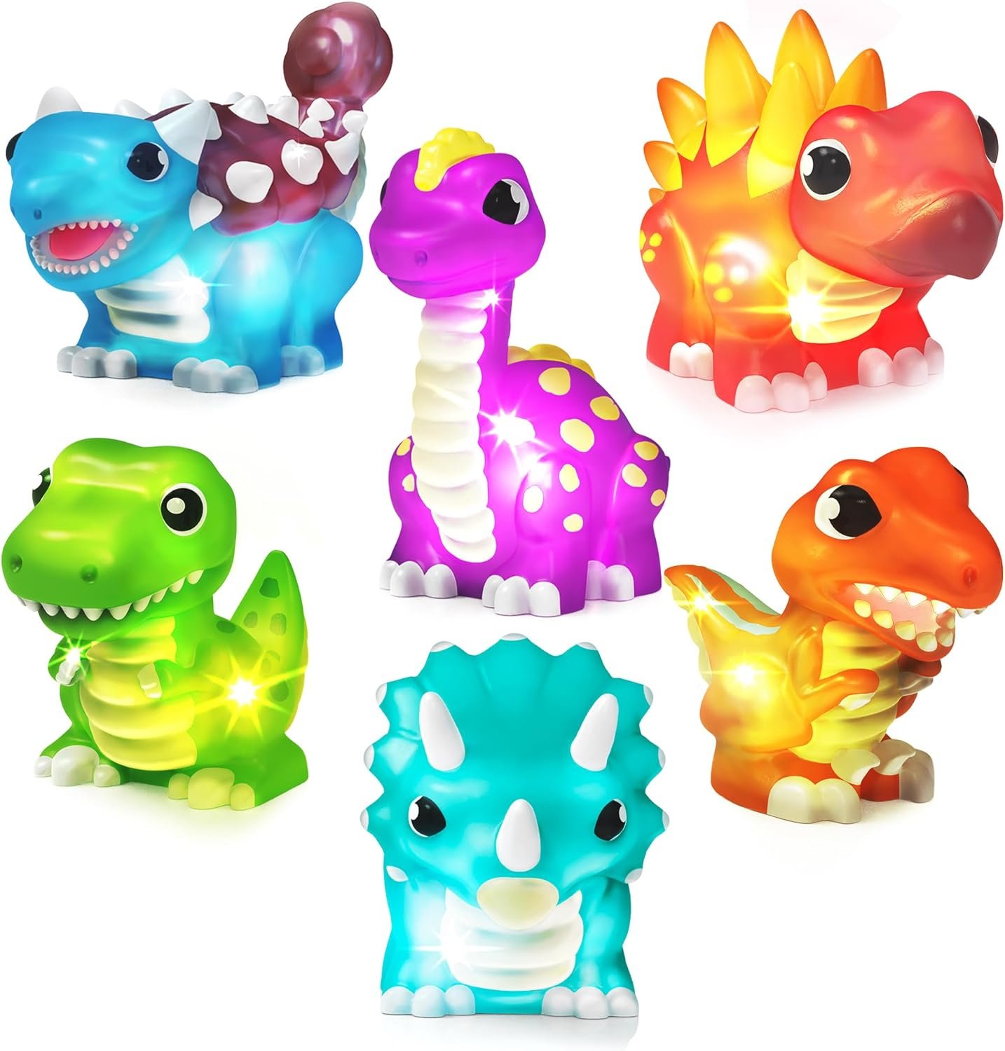 Tub Works® Dinos™ Dinosaur Light Up Bath Toys, 6 Pack | Water-Activated Light Up Toys Flash & Change Color | Easy-Grip Baby & Toddler Bath Toys | Sensory Bath Lights Watertight Bathtub Toys