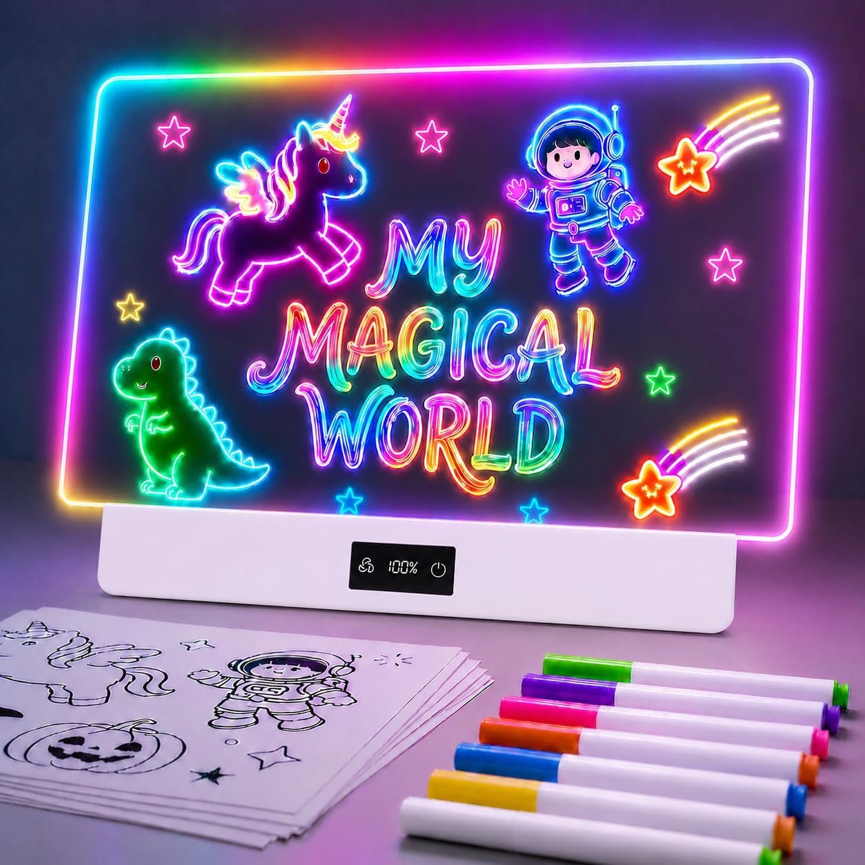 TAEMVV 16 Inch LED Drawing Board for Kids with Display, Rechargeable Light Up LCD Writing Tablet with 15H Battery & Stand, 8 Colors 3 Dynamic Modes Glow Light Board for Toy Birthday Gifts