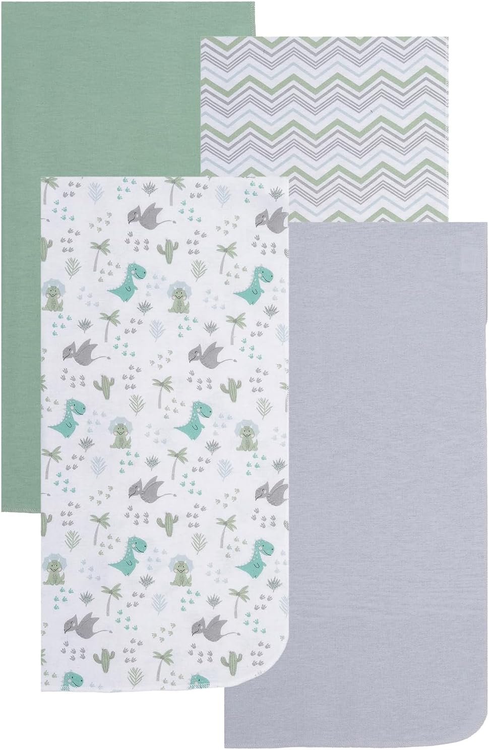 EVERYDAY KIDS 4 Pack Soft Flannel Receiving Blanket Set for Boys; Green/Gray Baby Swaddle Blankets for Newborn Nursery with Baby Dinosaurs, Chevron Striped Pattern, Solids