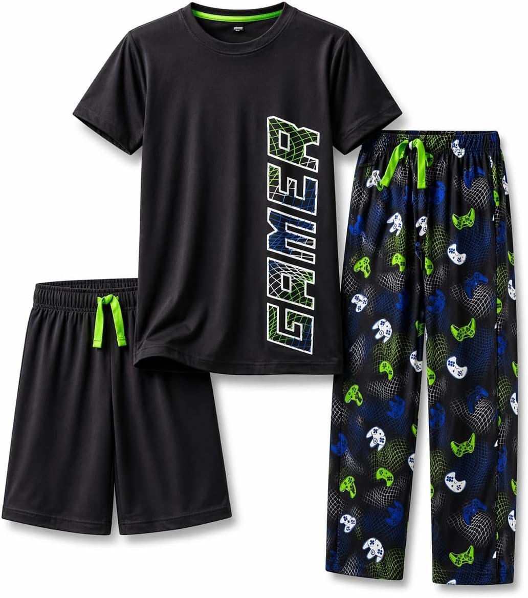 US Angels Boys Pajamas Set | 3-Piece Pant, Shirt, Shorts Sleepwear Pjs for Kids | Loose Fit, Soft, Breathable Blue Plaid