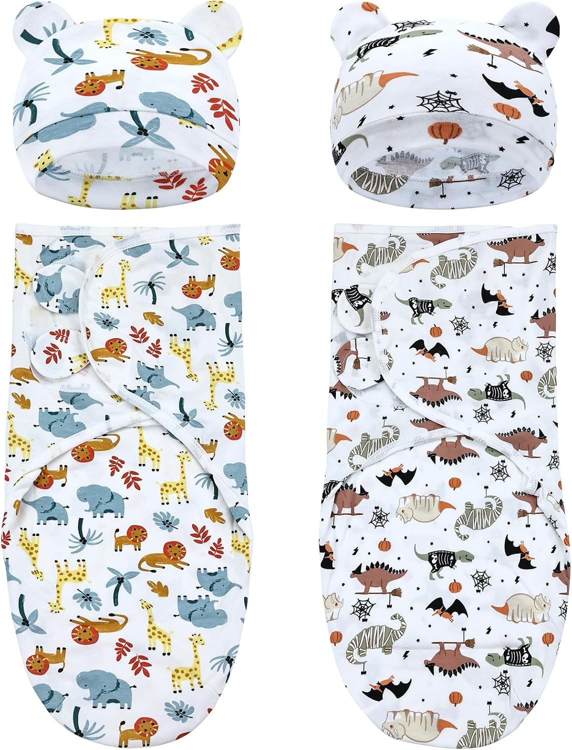 Dizila 2 Sets Adjustable Soft Cotton Blend Newborn Infant Baby Girl Boy Receiving Swaddle Blankets Sleep Sacks with Matching Nursery Hats Caps Beanies Bonnet (Set 7)