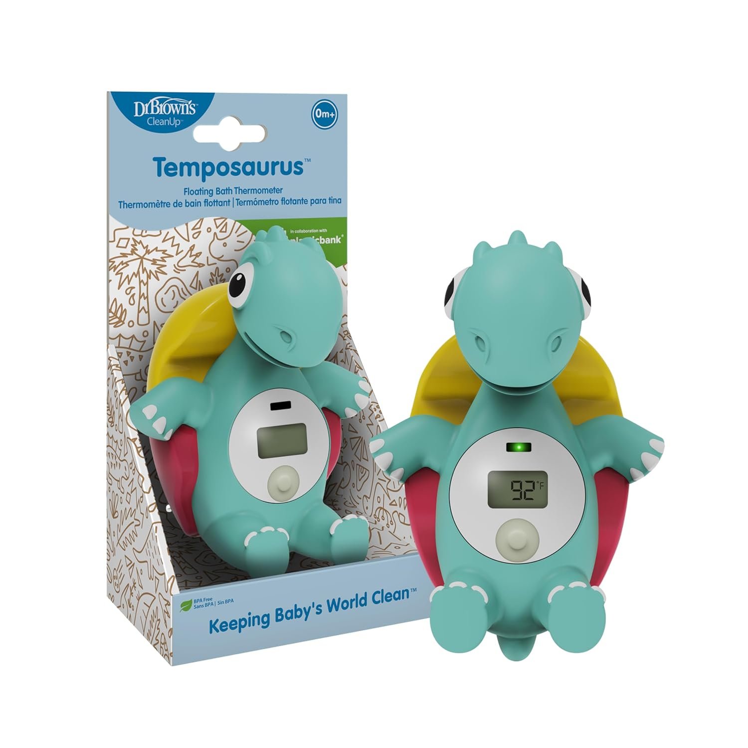 Dr. Brown’s CleanUp Temposaurus Floating Bath Thermometer for Accurately Measuring Baby’s Bath Water Temperature, BPA Free