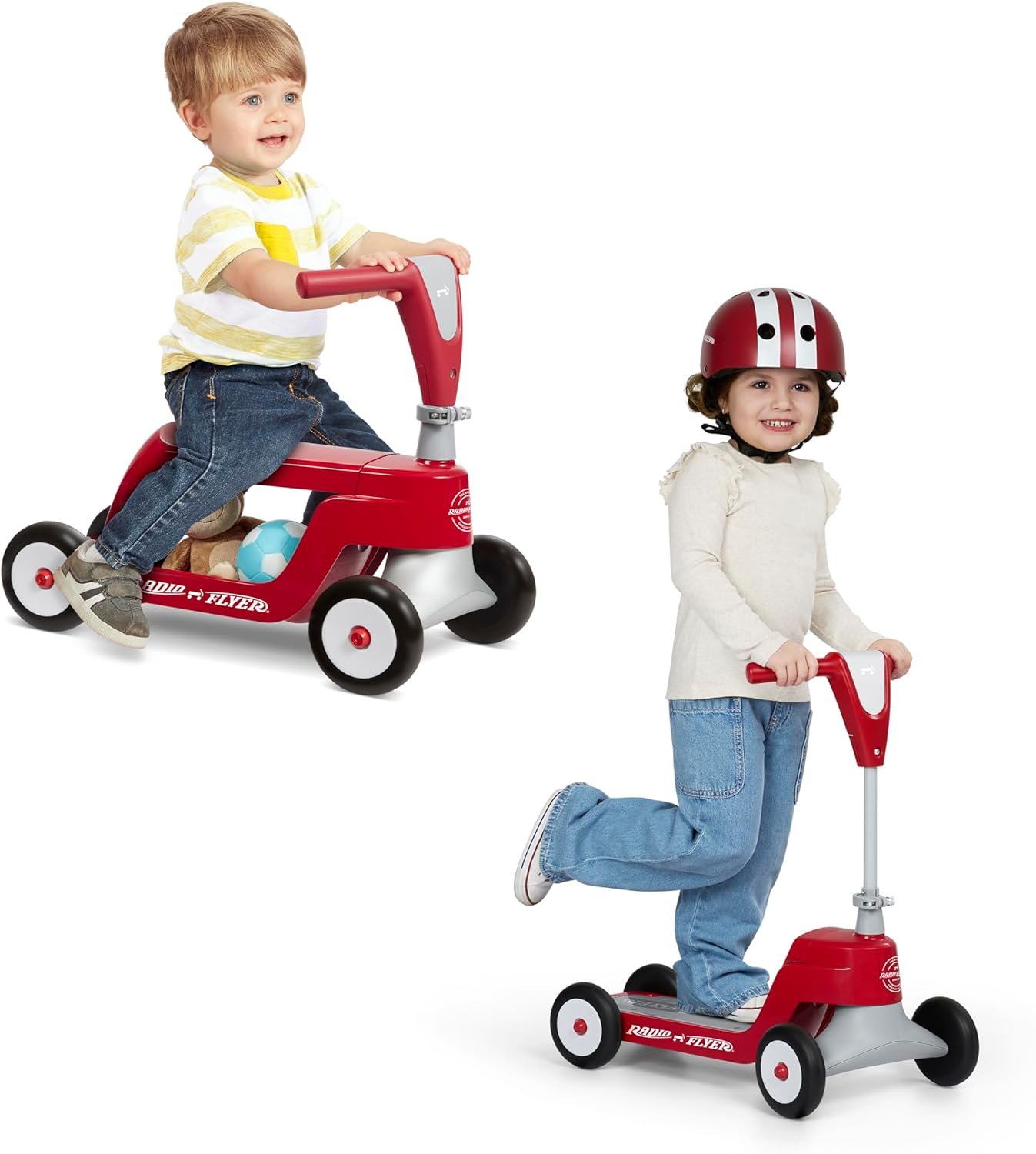 Radio Flyer Scoot 2 Scooter, Blue/Red/Pink, for Kids Ages 1-4, Ride On Toy or 4-Wheel Kids Scooter, Durable Wheels and Frame, Converts Easily with Flip Deck, Toddler Ride On Toys (Amazon Exclusive)