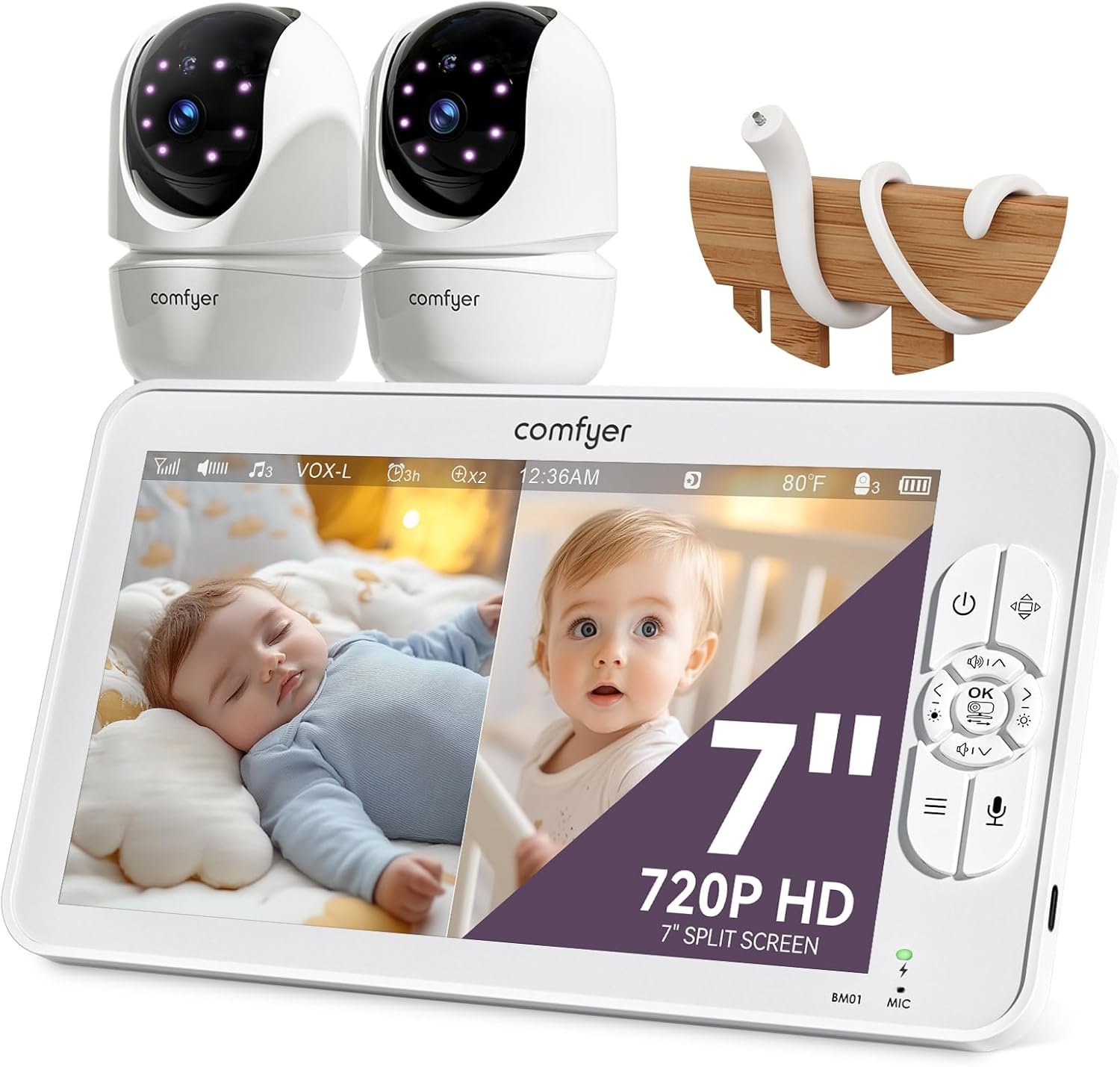 Comfyer BM01 7″ HD Split-Screen Baby Monitor, Video Baby Monitor with 2 Cameras and Audio, No WiFi Monitor with a Flexible Bracket, Up to 2 Days in VOX Mode with Sound Alert, 4X Zoom, Night Vision