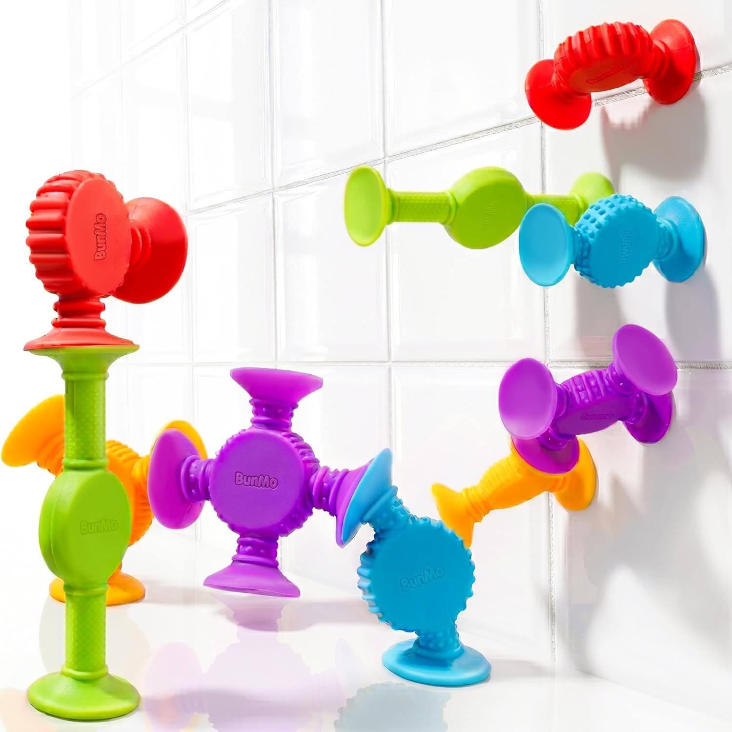 BUNMO Bath Toys Suction – Connect, Build, Create – Toddler Bath Toys – Hours of Fun & Creativity – Fine Motor Skills – Stimulating Sensory Toys – Non-Mouthable Toy – Textured 10 Pack