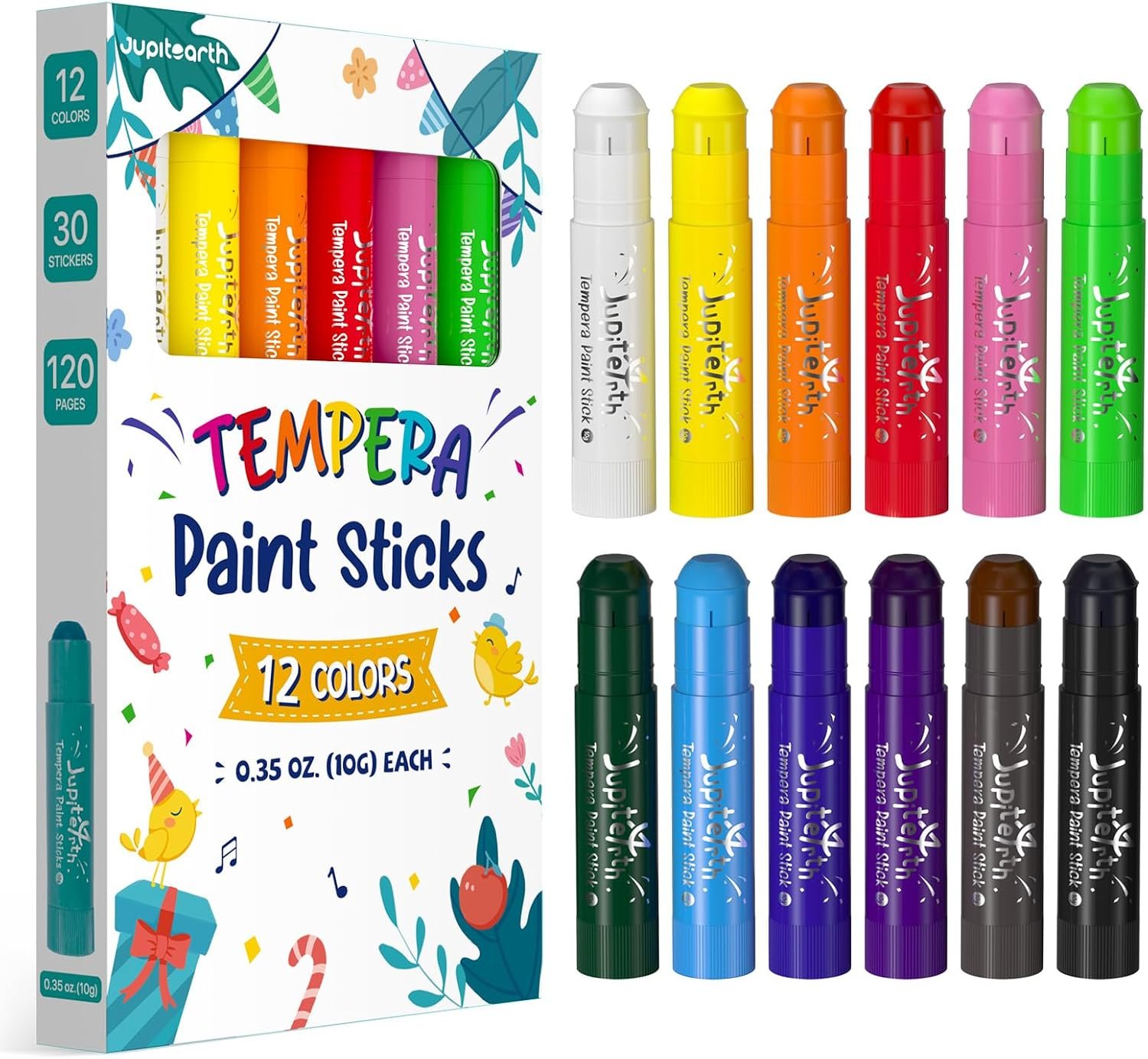 JUPITEARTH 12 Colors Tempera Paint Sticks with 120 PDF Coloring Pages and 30 Stickers, Quick Drying, Smooth, Non-Toxic and Washable Paint Sticks for Kids Drawing on Pumpkin, Wood, Rock, Glass