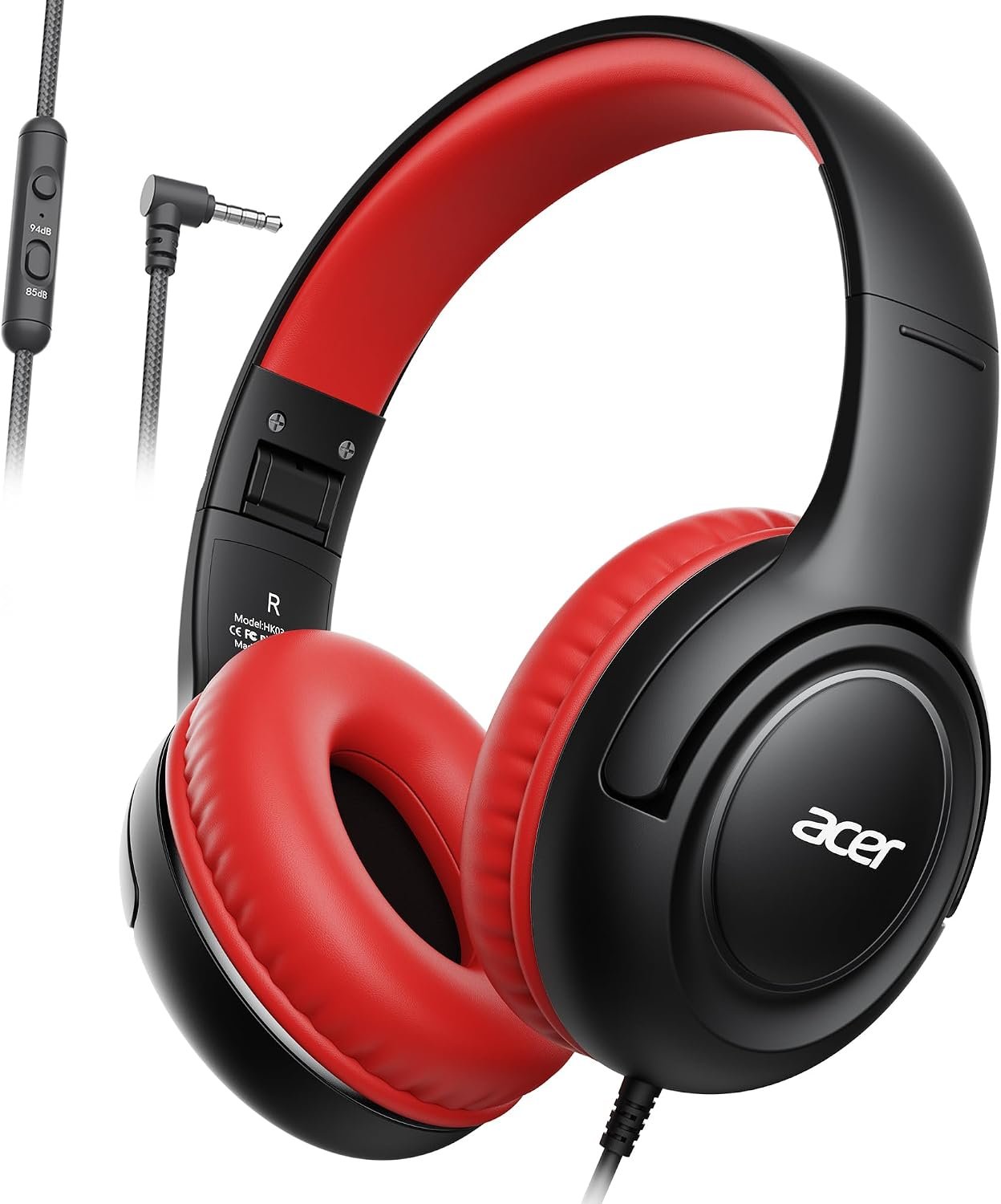 acer Kids Headphones – Over-Ear 85/94dB Volume Limiter, 3.5mm Jack Foldable Stereo Sound Headset for Toddlers Girls Boys Travel Learning Entertainment Tablet Kindle iPad PC Black Red, HK03