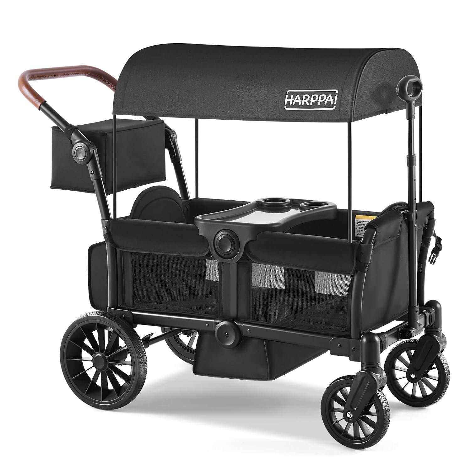 HARPPA All-Terrain Wagon Stroller for 2 Kids, Foldable Outdoor & Beach Stroller Wagon with Removable Canopy, Adjustable Push & Pull Handle, Footwell & Large Storage, Black