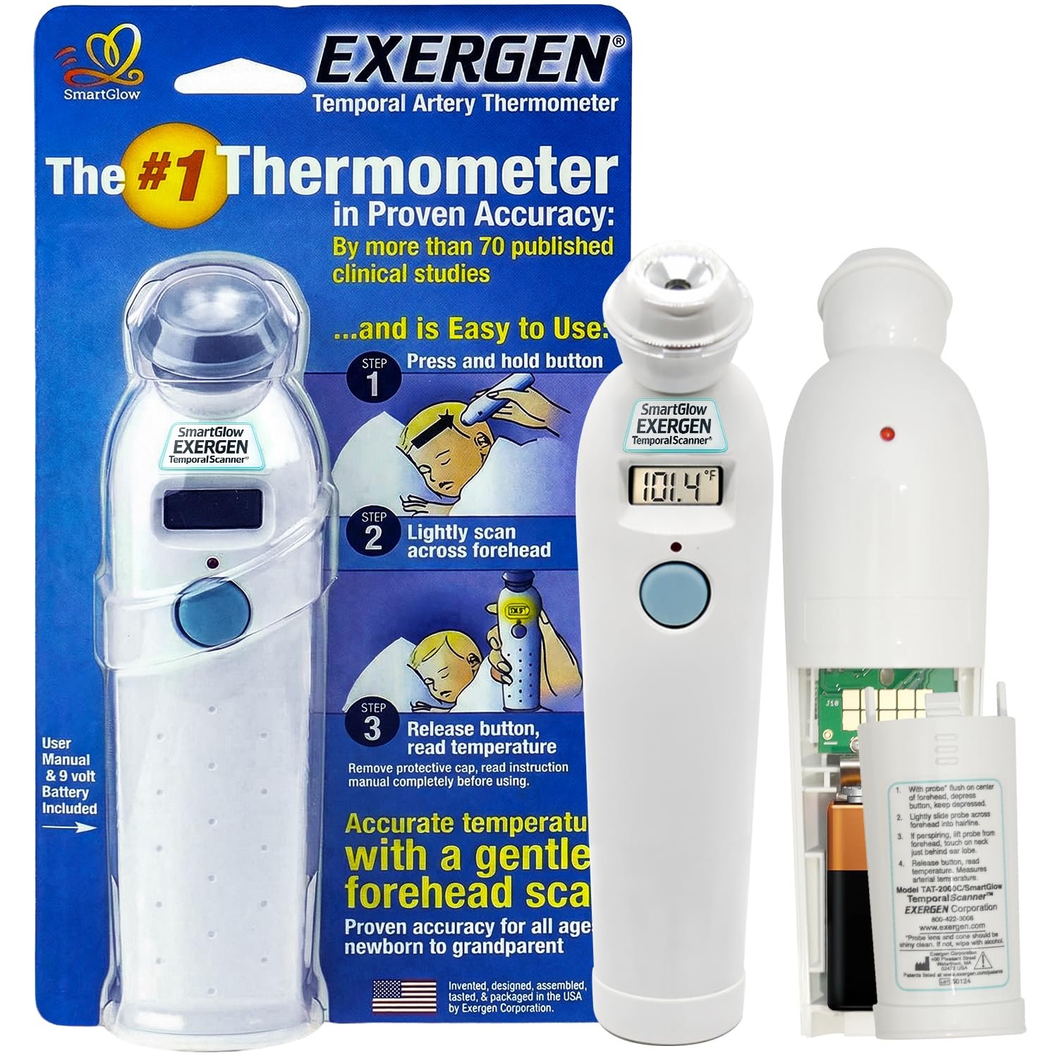 Exergen TAT-2000C Temporal Artery Thermometer for Kids, Newborns & Adults, Soft Glow Display, Silent Mode, 9V Battery Included