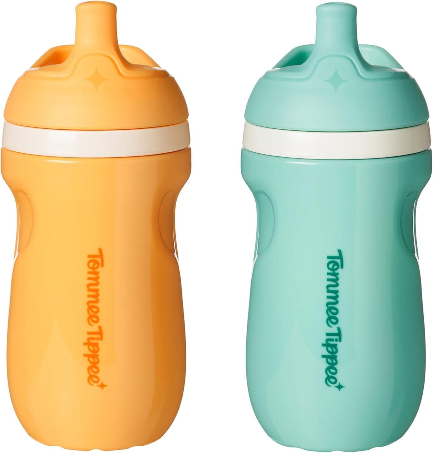 Tommee Tippee Insulated 9oz Sporty Spout Toddler Water Bottle, No Spill, Sippy Cups for Toddlers 1-3, Two-Piece Valve Helps Stop Spills, Light Blue & Orange, BPA Free, Pack of 2