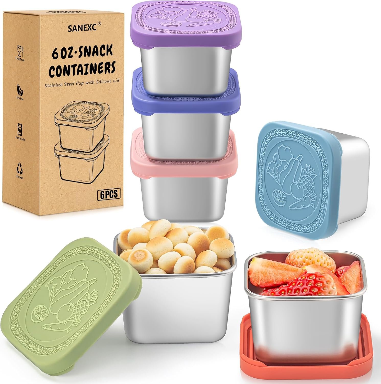 SANEXC 6 Oz Stainless Steel Snack Containers for Kids – 6 Pack Metal Food Containers with Lids Silicone Easy Open 100% Leak Proof BPA Free Reusable Baby Lunch Box for Daycare Travel and Office