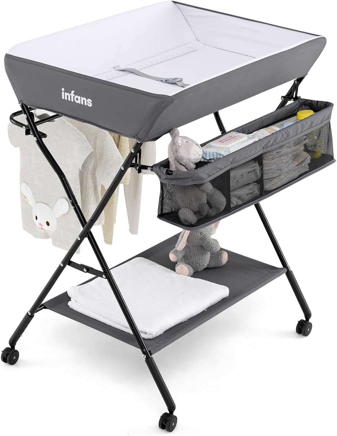 INFANS Baby Changing Table with Wheels, Portable Folding Diaper Station Nursery Organizer with Storage Basket, Hanging Rack, Adjustable Height, Safety Belt for Newborn Infant (Gray)