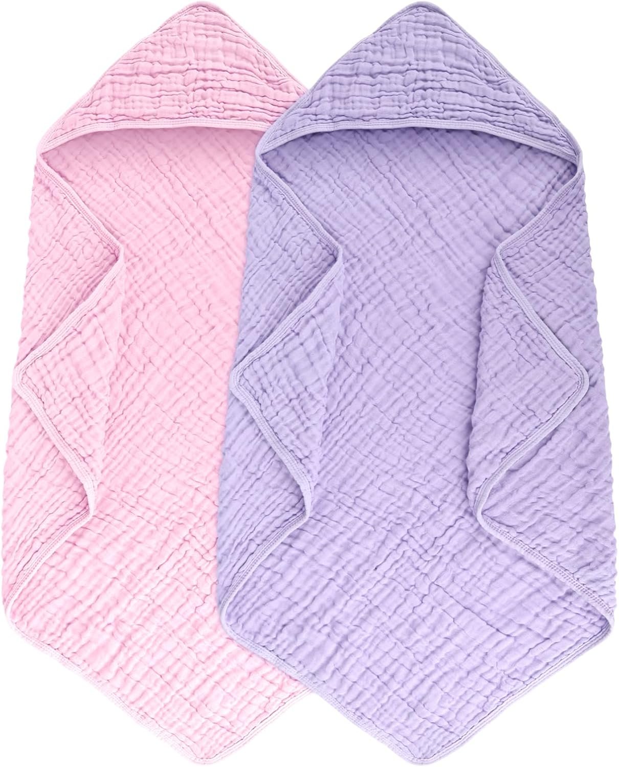 Synrroe 2 Pack Hooded Muslin Cotton Baby Towels, 32x32Inch, Pink & Purple