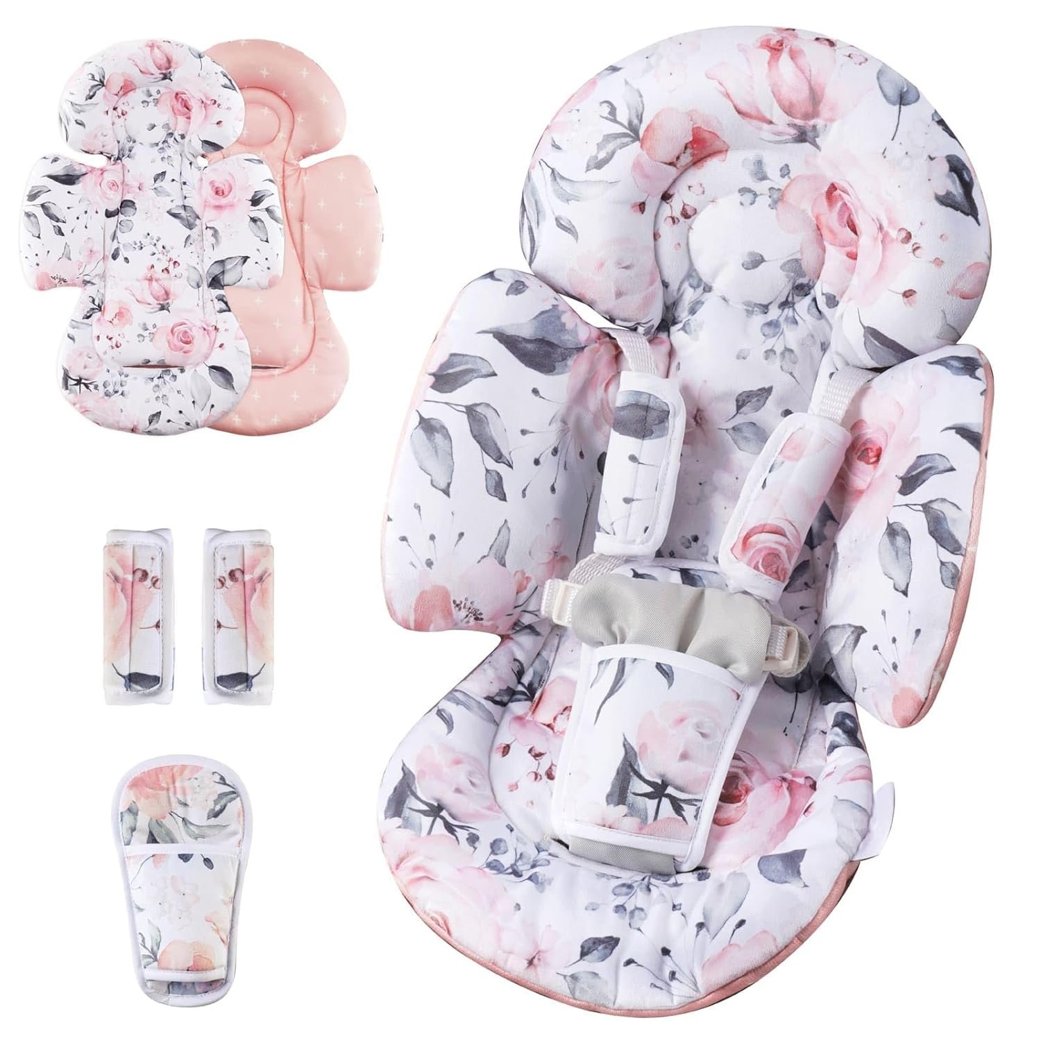 Generic Infant Car Seat Insert Compatible with Mamaroo Swing & Graco Swing and Infant Car Seat, Newborn Insert Baby Head Body Support, Reversible Design, Breathable Soft Fabric, 1Pcs – Pink Floral