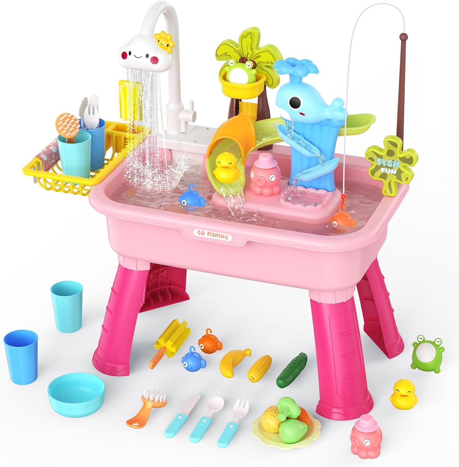 2026 Upgraded Water Table for Toddlers 1-3 – Outdoor Toys for Kids Ages 4-8 with Pump, Summer Outside Sensory Activity Pool Toys, Kitchen Play Sink Toy with Running Water, Fishing Toy, Pink