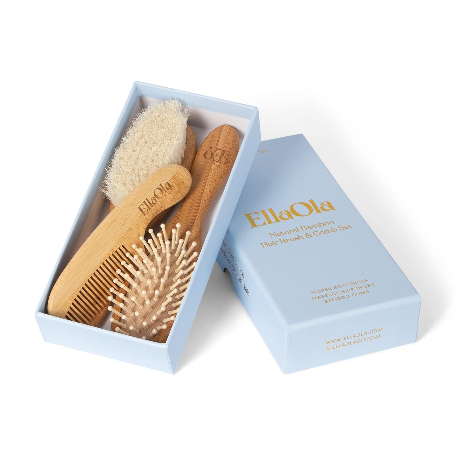 ELLAOLA Natural Bamboo Hair Brush & Comb Set, 3 Piece – Cradle Cap Brush, Massage Hair Brush, Bamboo Comb for Toddlers, Newborns & Infants I Baby Registry Gift