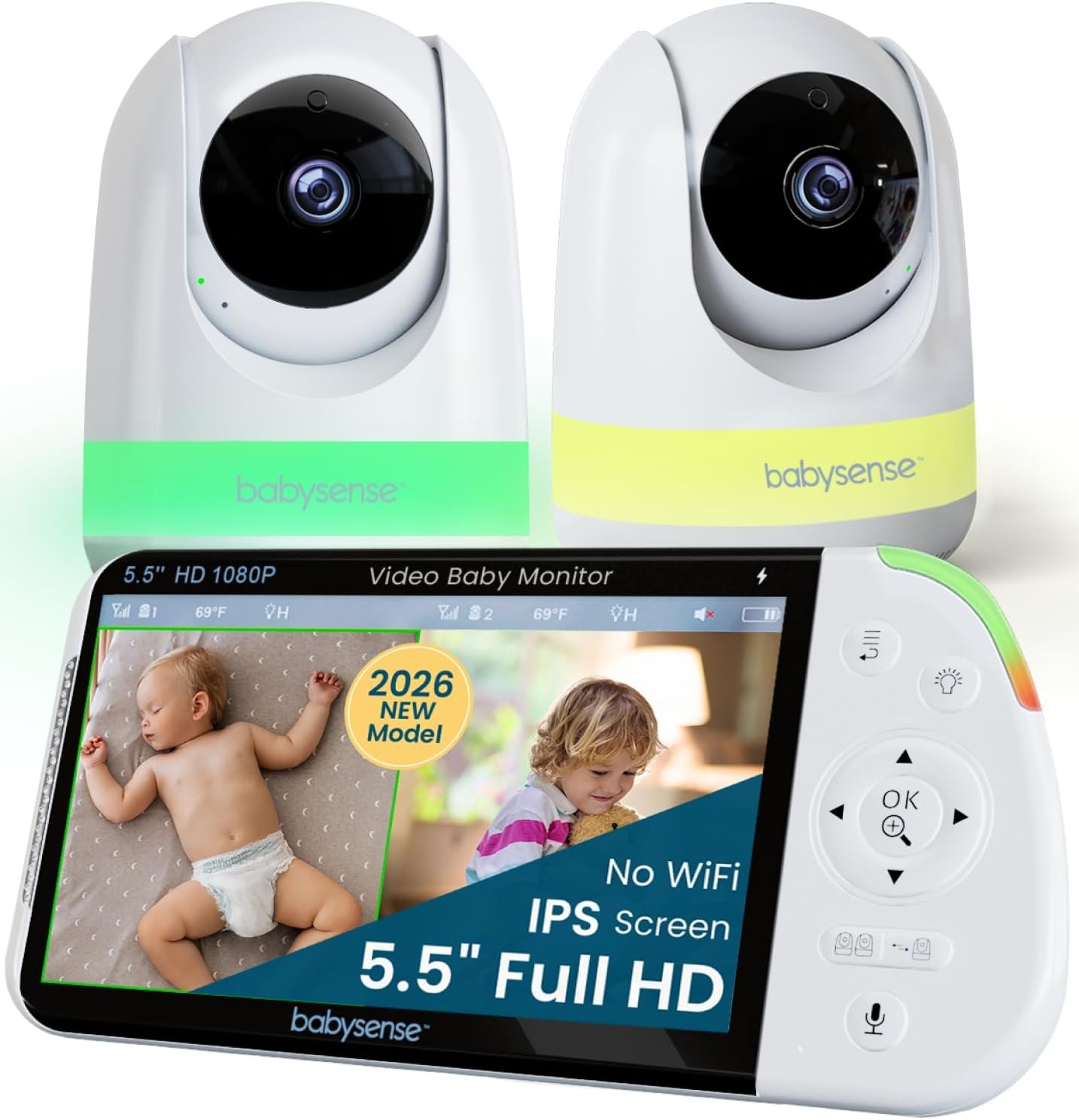 Babysense PRO Full HD 5.5″ Split Screen Baby Monitor with 2 Cameras, 6-Color Night Light, White Noise, Sound & Light Machine, 20-Hour Battery, Hack-Proof Non-WiFi Secure Connection