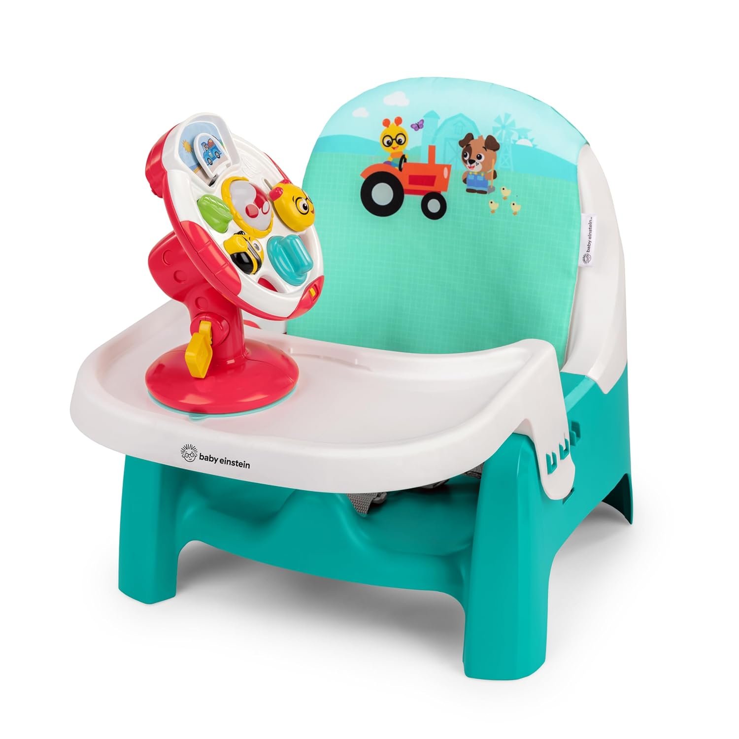 Baby Einstein Farm Explorers Snack & Steer 2 in 1 Compact Booster Feeding Seat, with Musical Steering Wheel Toy, Ages 6-36 Months
