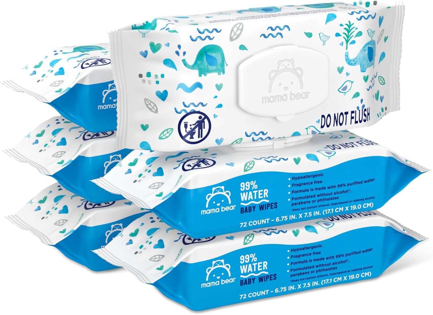 Amazon Brand – Mama Bear 99% Water Baby Wipes, Hypoallergenic, Fragrance Free,72 Count (Pack of 6)