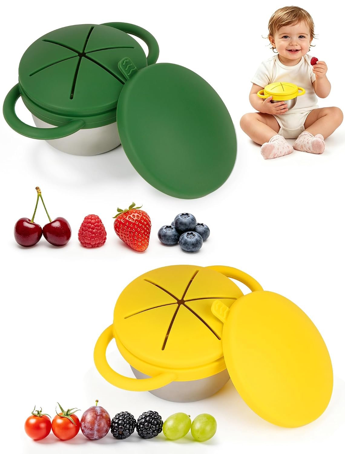 2 Pack Stainless Steel Snack Cups for Toddlers Spill Proof Baby Snack Containers, BPA Free, Dishwasher Safe, Reusable Food Storage for On the Go Travel, Daycare (Green+Yellow)