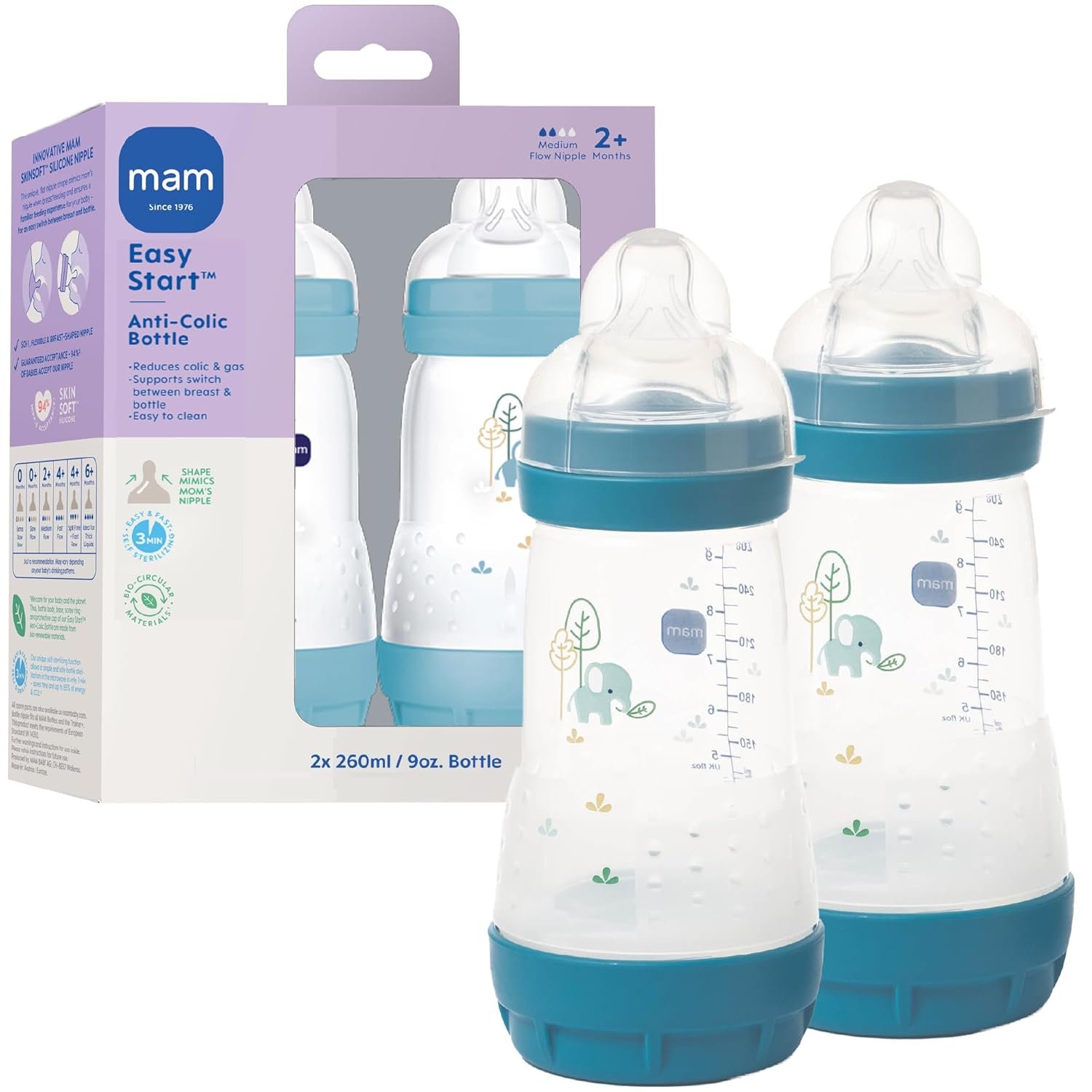 MAM 9oz Easy Start Anti-Colic+ Wide Neck Vented Baby Bottle, Medium Flow Breastfeeding-Like Nipple, Reduces Colic Gas & Reflux, Easy to Clean, BPA Free, 2+ Months, Made in Europe, 2 Pack, Boy