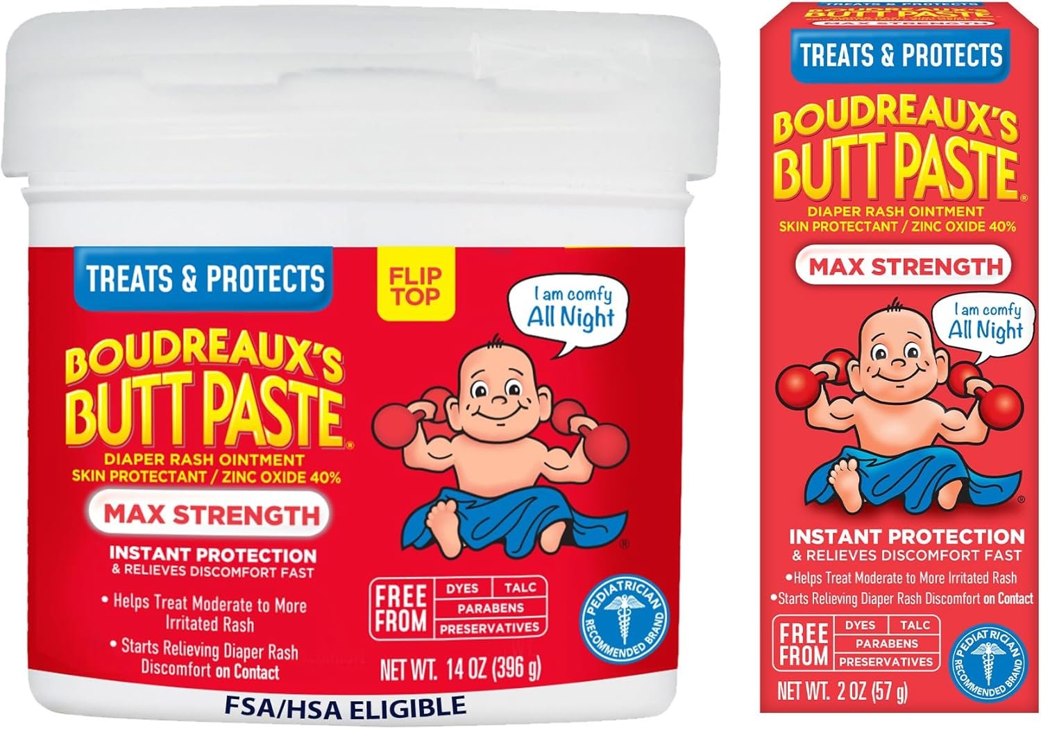 Boudreaux’s Butt Paste Maximum Strength Diaper Rash Cream, Diaper Cream for Baby, Fast Relief & Overnight Protection for Moderate to More Irritated Rash, Pediatrician-Recommended, 2 oz & 14 oz