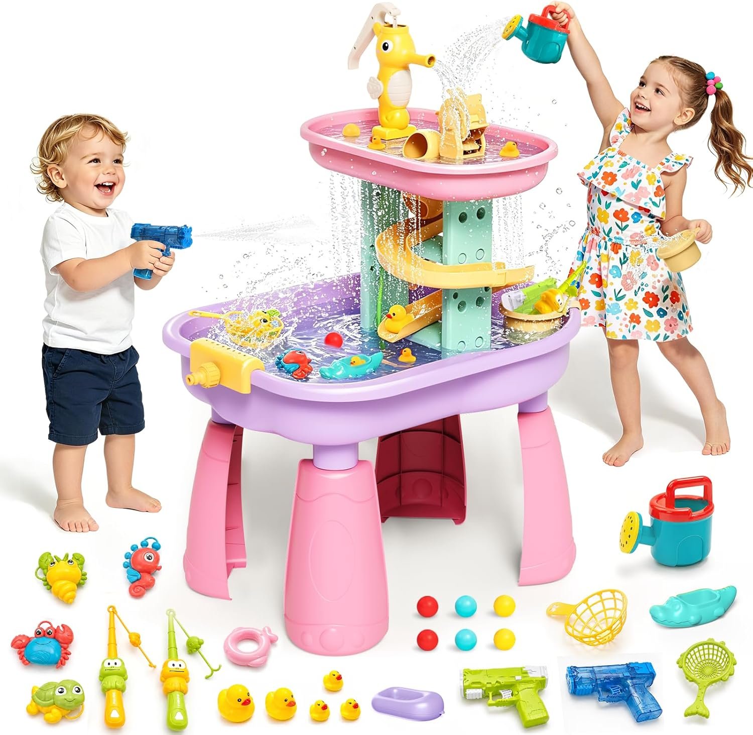 Toddler Water Table for Kids – Sand and Water Table with 28PCS Toy Accessories & Rain Shower Sprinkler, Outdoor Sensory Water Play Table, STEM Toy Summer Gift for Boys Girls Ages 3-8