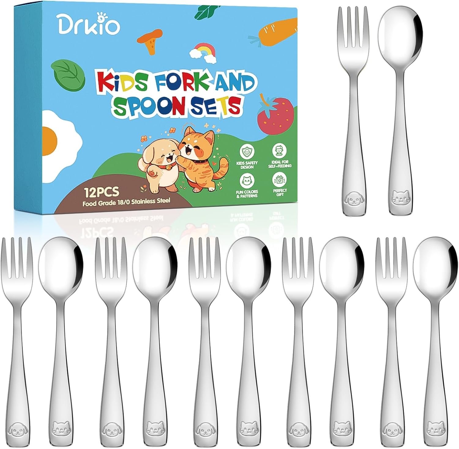 DRKIO Stainless Steel Toddler Utensils Set – 12 Pieces Kids Silverware Set Children Safe Food Grade Small Forks and Spoons Dishwasher Safe Mirror Polished