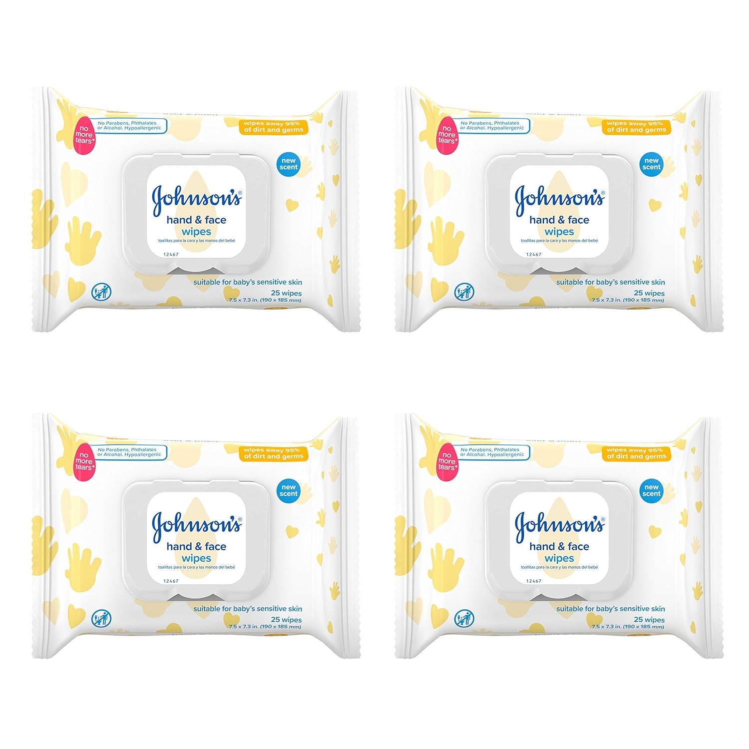 Johnson’s Baby Hand & Face Baby Sanitizing Cleansing Wipes for Travel and On-The-Go, No More Tears Formula, Paraben and Alcohol Free, 25 ct, Case of 4