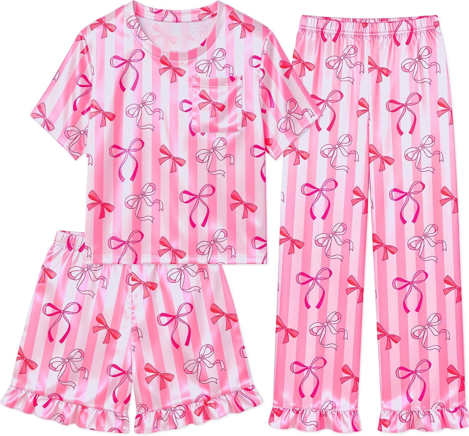 3 Piece Girls Pajamas Silk Set Soft Satin Sleepwear for Kids Cute Short Sleeve PJS with Ruffle Shorts & Pants