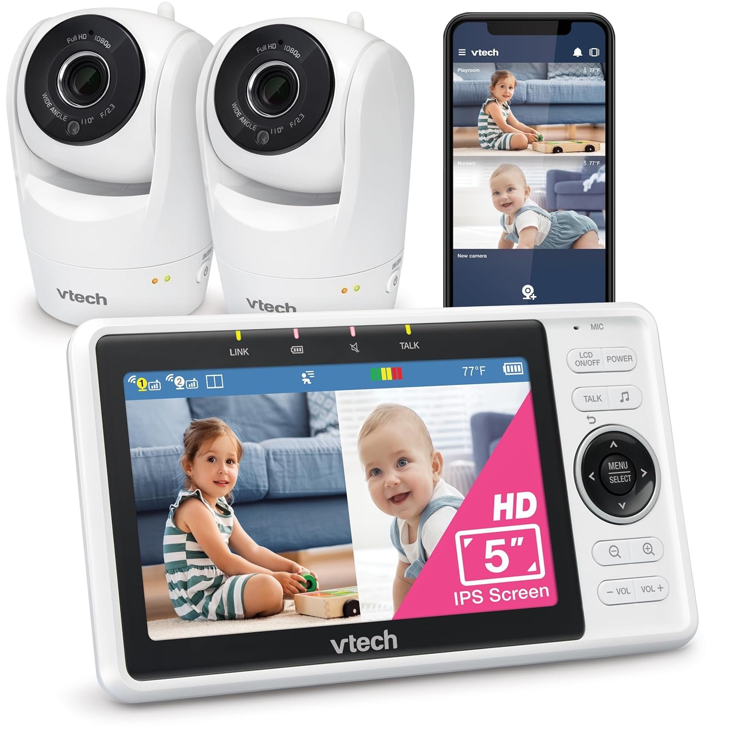 VTech Smart WiFi Baby Monitor, 2 Cameras – See Both Rooms at Home or from Anywhere, Free App, 1080p Split Screen, 5″ HD Screen, Pan-Tilt-Zoom, Night Vision | VM901-2