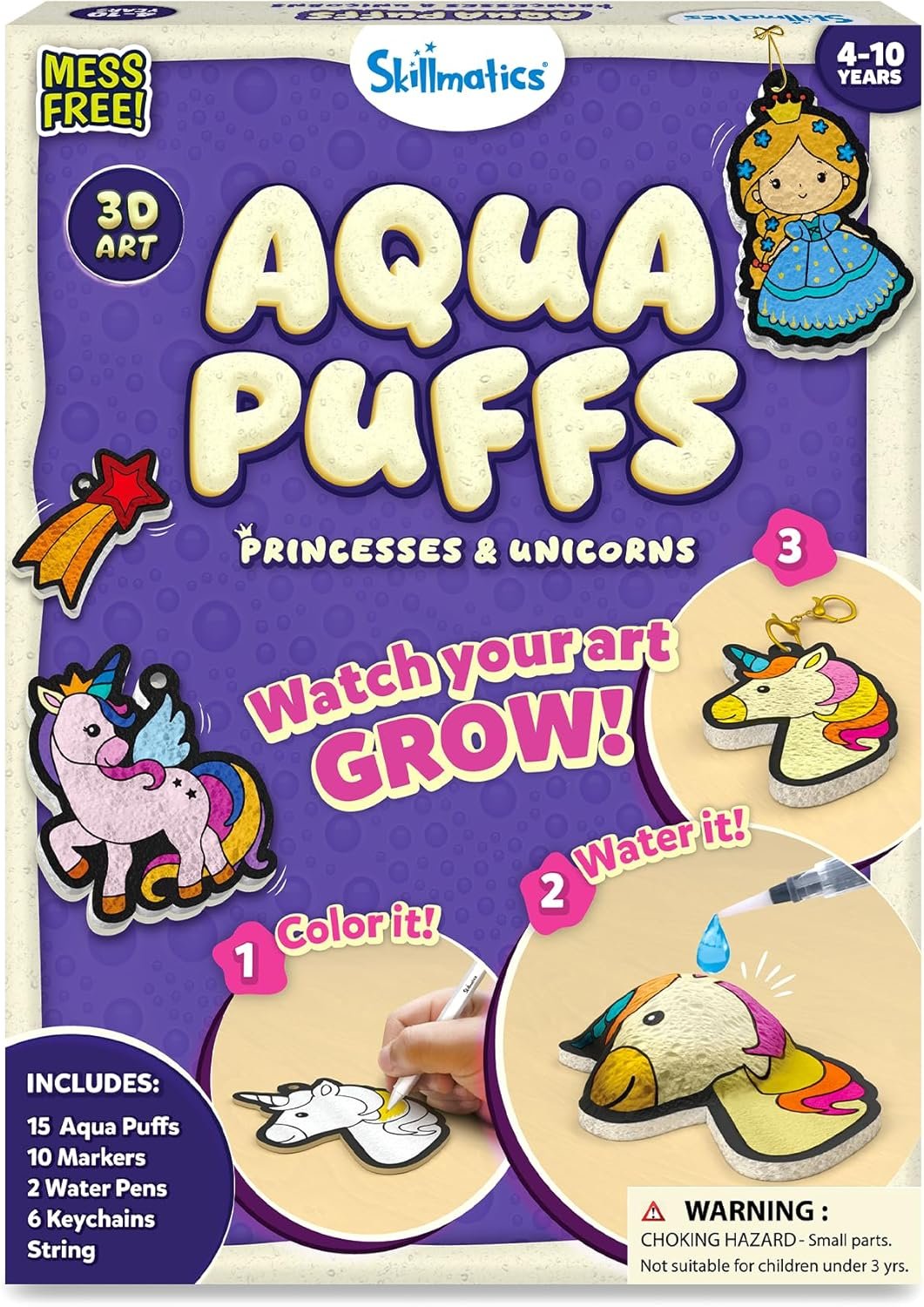 Skillmatics Aqua Puffs – 3D Art Kit, Princesses & Unicorns, Mess-Free Paint by Number Craft for Kids, DIY Color Activity, Screen-Free Fun, Best Gift for Girls & Boys Age 4, 5, 6, 7, 8, 9, 10