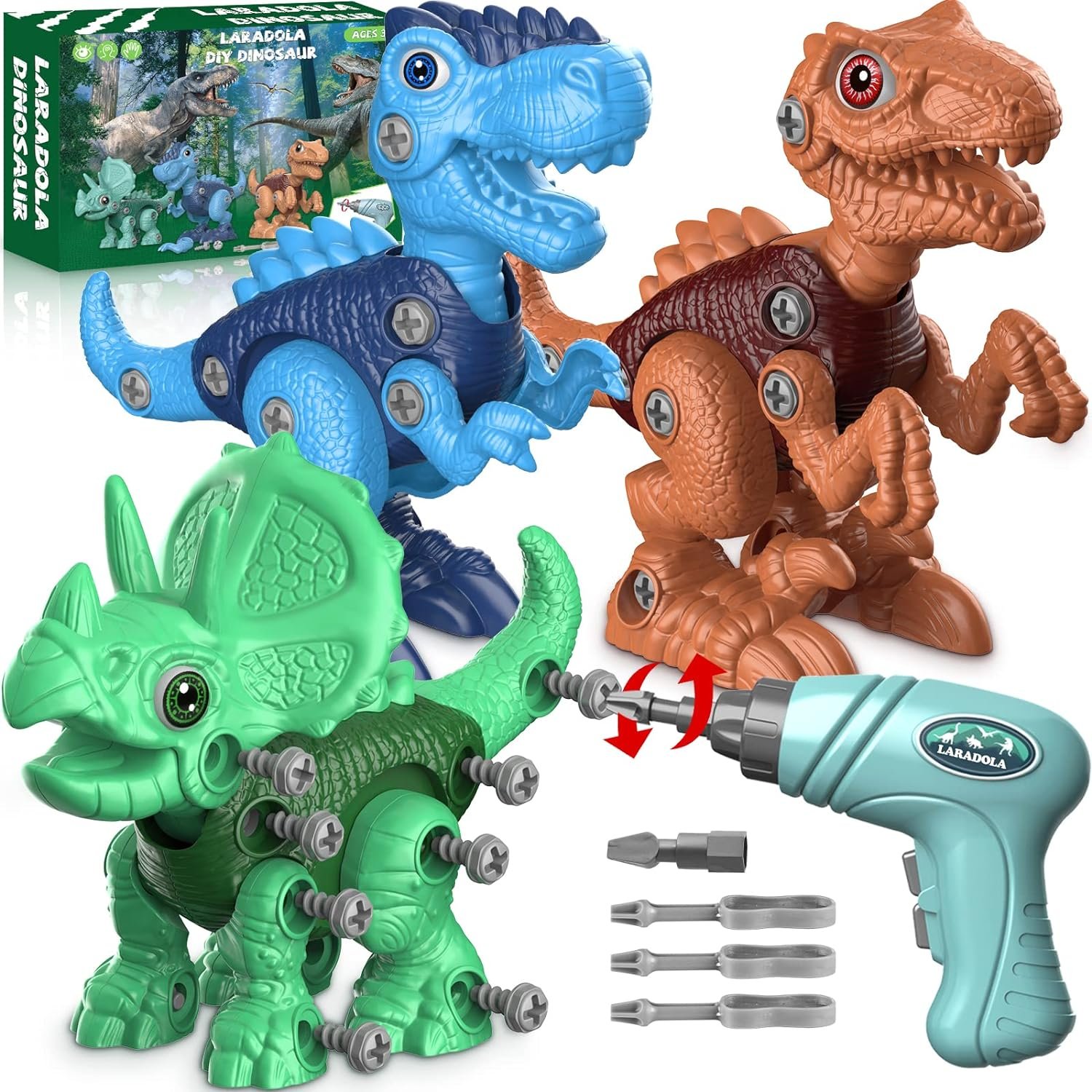Laradola Take-Apart Dinosaur Toys for Boys: 85 Parts Keep Busy for 2 Hours | 3-Pack Dinosaur Building Set for Kids 4-6 – Easy to Operate Electric Drill & Extra Screws – 100% Kid-Led Living Room Play
