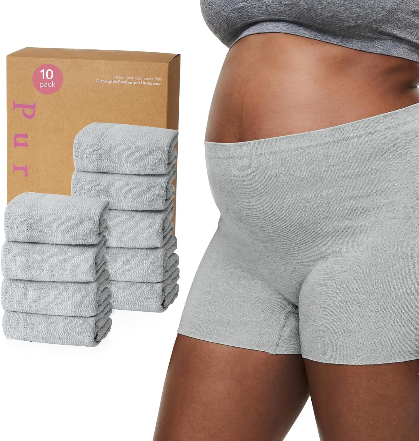 PurComfy 10 Pcs Postpartum Underwear for Women, High Waisted Disposable Boyshort Underwear for Mom Postpartum, Seamless Under Wear for Postpartum Essentials, Waist 28″- 42″ Stretched, Grey