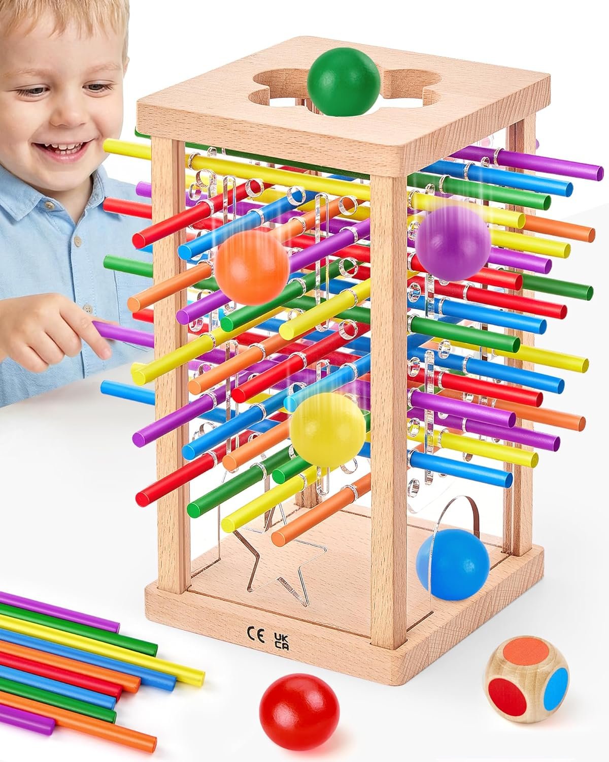 Montessori Wooden Board Game, 42 Colorful Sticks Board Games for Kids 4-6, Math Montessori Toys for 3 4 5 6 Year Olds Fine Motor Skills Toy Family Travel Games, Wooden Stick Game, Gift Boys Girls