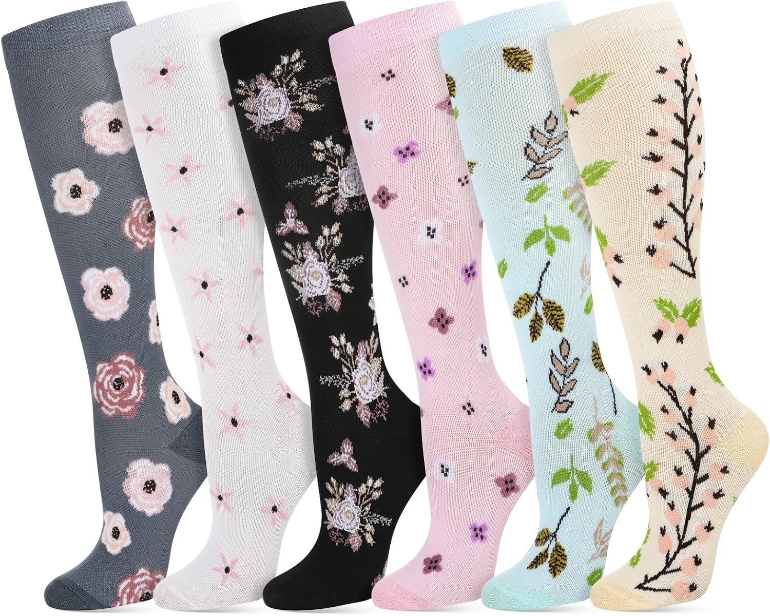 6 Pairs Compression Socks for Women Men Knee High Comfort Circulation Support Socks for Athletic Running Cycling