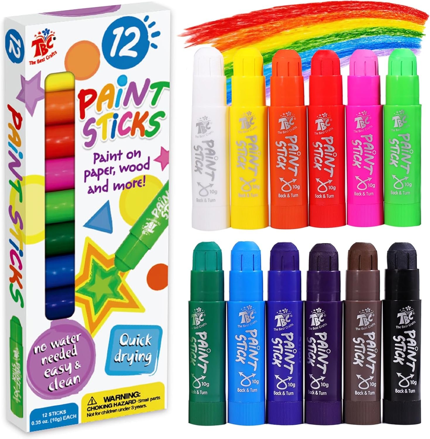 TBC The Best Crafts Paint Sticks for Kids Ages 2-8, 12 Classic Colors, Washable, Non-toxic, Tempera Paint Sticks for Crafts, Art Supplies, and Birthday Gifts