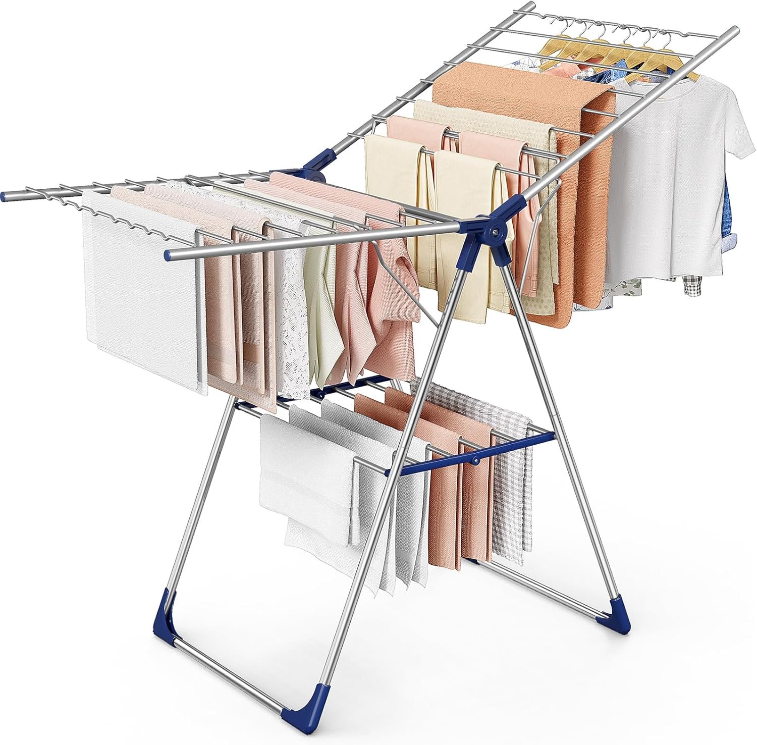 Sakugi Clothes Drying Rack with Height-Adjustable Wings, Metal Foldable Laundry Dryer Stand for Clothing & Bedding, Free-Standing Collapsible for Indoor & Outdoor Use, 55.5″ L × 22.8″ W, Silver Blue