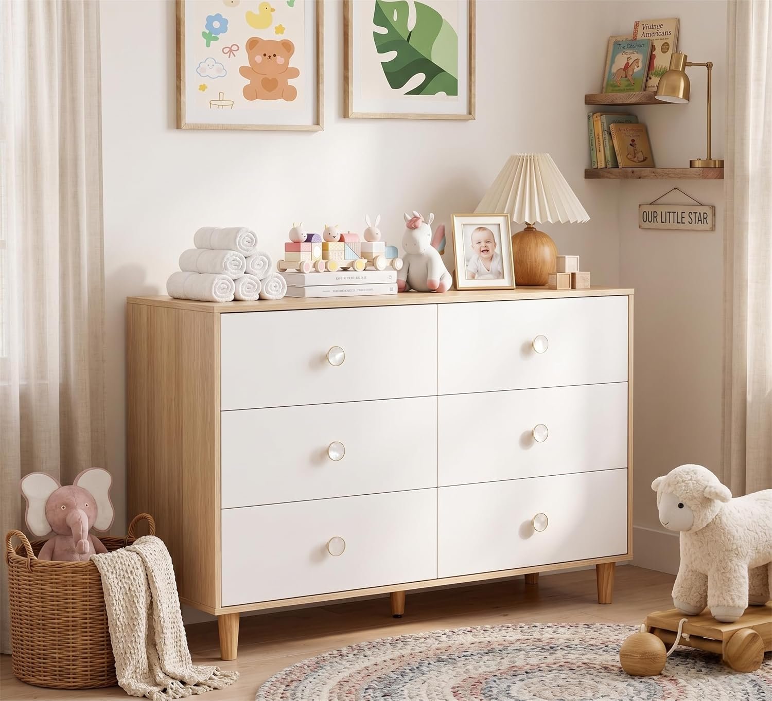 White Dresser for Bedroom, 6 Drawer Dressers with Solid Wood Legs, Baby Dresser for Kids, Storage for Clothes and Baby Essentials