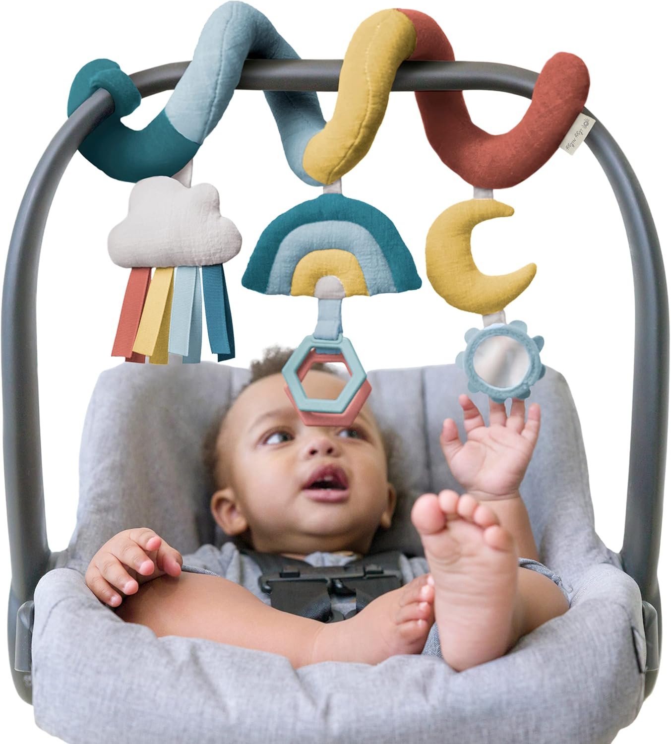 Itzy Ritzy Spiral Car Seat & Stroller Activity Toy – Stroller & Car Seat Toys for Ages 0 Months and Up – Hanging Toys Include Clinking Rings, Mirror and Textured Ribbons (Rainbow)