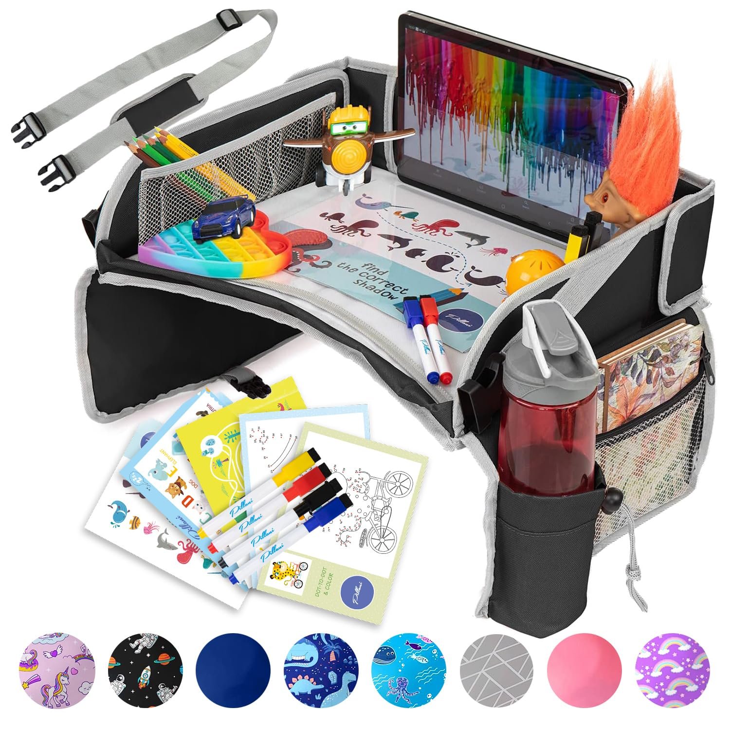 PILLANI Kids Travel Tray for Car – Car Seat Tray with Activity Sheets & Pens, Road Trip Essentials for Car & Airplane, Must Have Toddler Travel Lap Desk Accessories – Road Trip Activities for Kids
