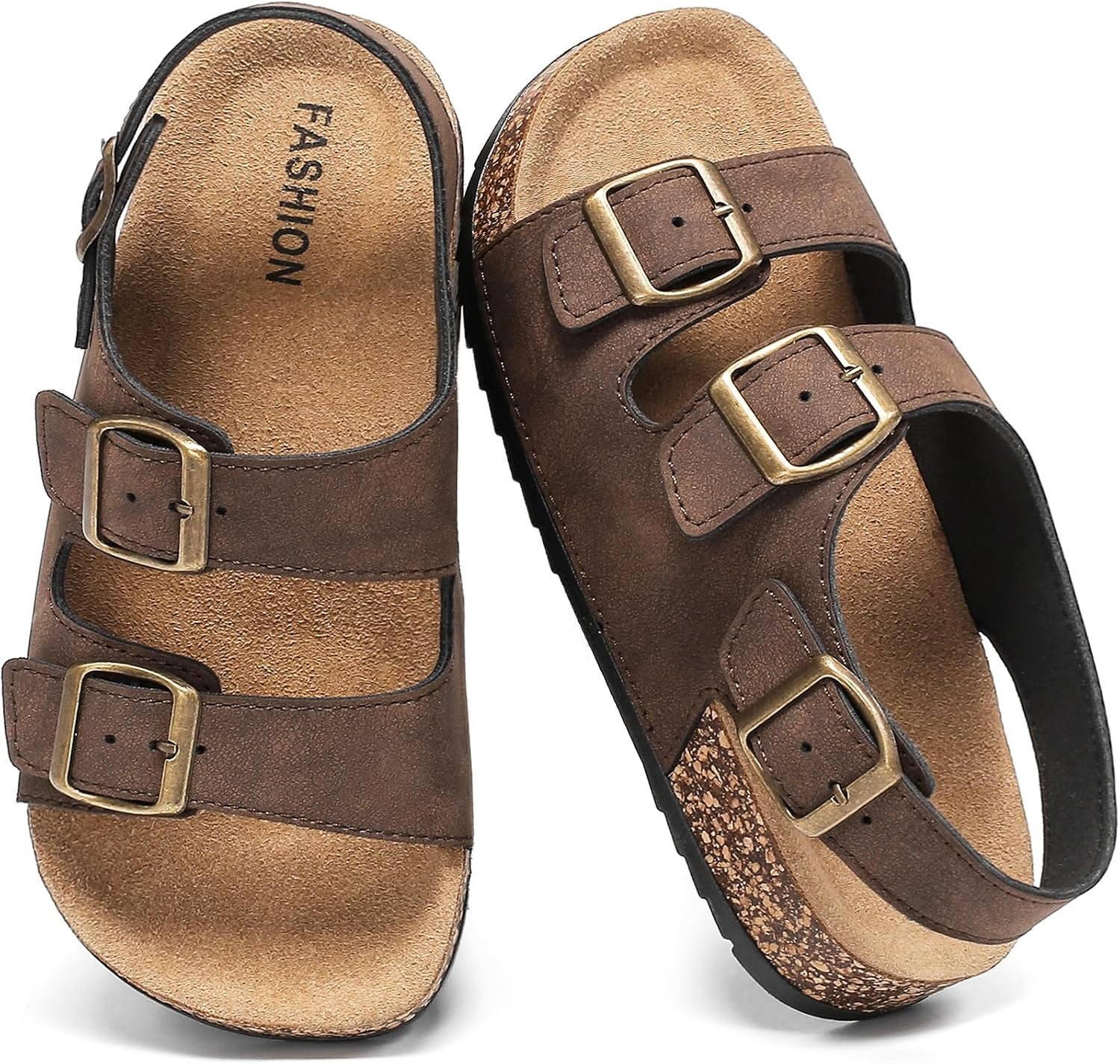 Kids Cork Footbed Sandals – Boys Girls Toddler Adjustable Double Buckle Slides with Back Strap, Lightweight Summer Casual Shoes