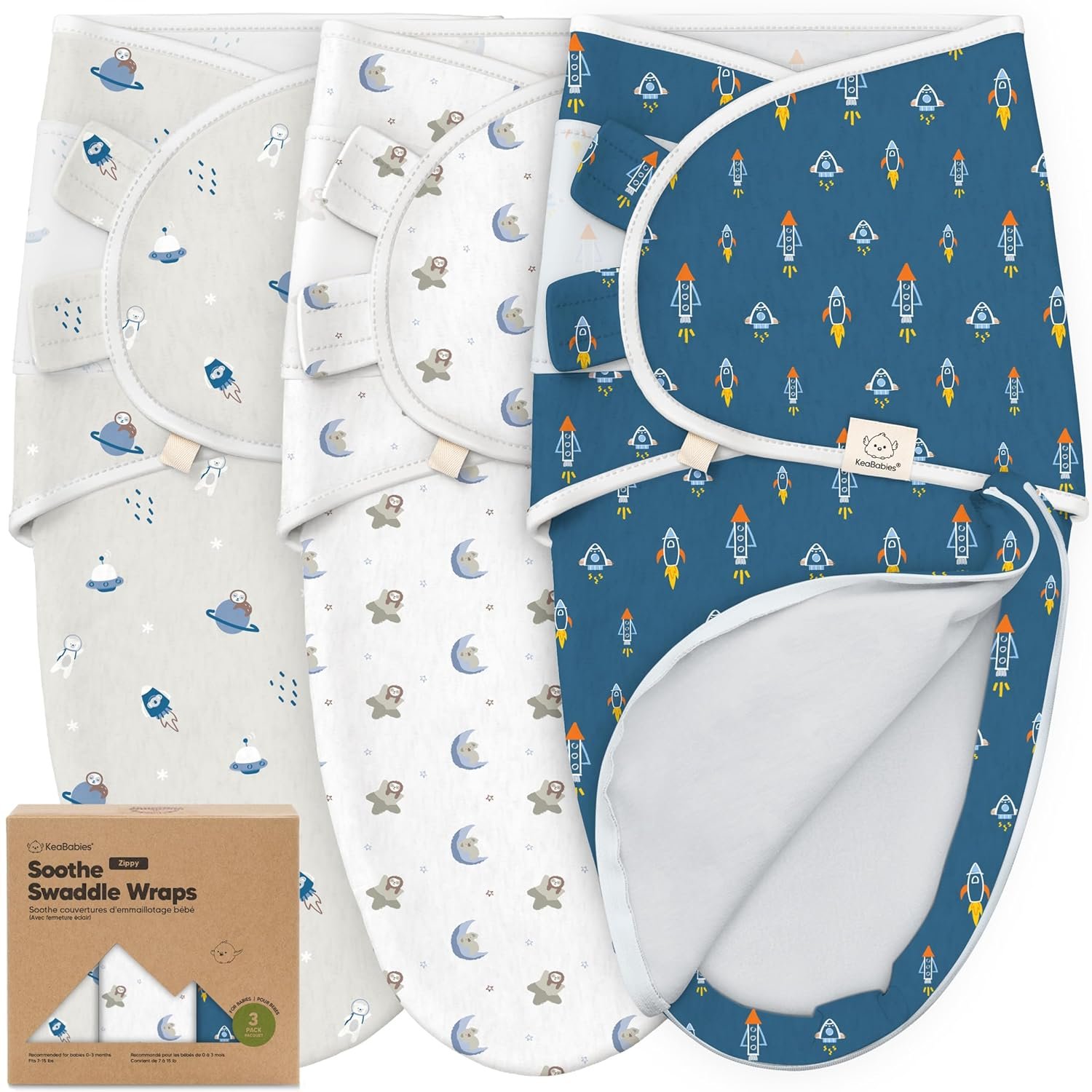 KeaBabies Newborn Swaddles with Zippers – 3-Pack Baby Swaddle Sleep Sacks 0-3 Months, Infant, Baby Girls, Boys, Soft & Durable Sleep Sack Newborn, Easy Diaper Change Swaddling Blanket (Cosmo, OS)