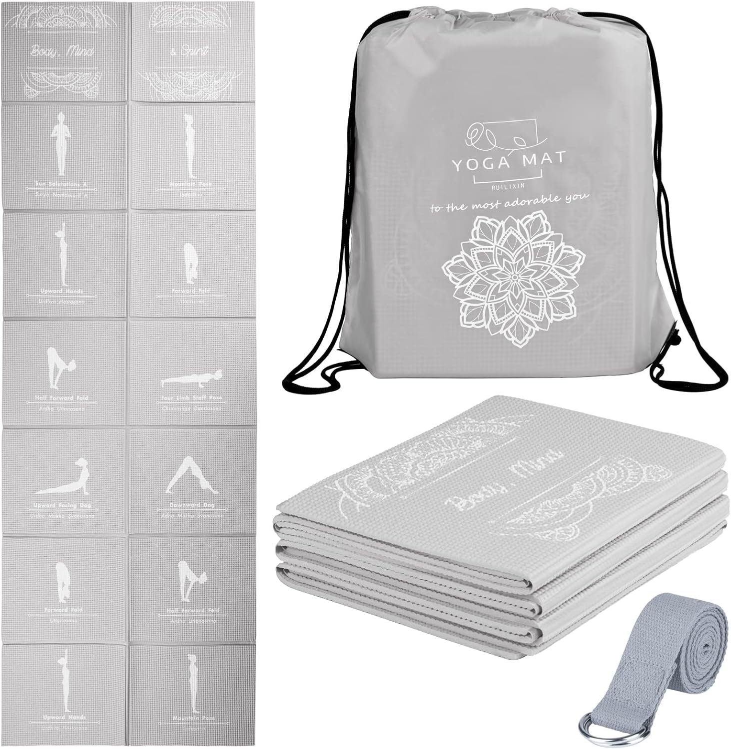 Foldable Yoga Mat for Women, Non Slip Exercise Mat for Home Gym, 5mm Travel Yoga Mats Set With Stretch Strap for Yoga Pilates and Fitness, 68″L x 24″W x 0.2 Inch Thick