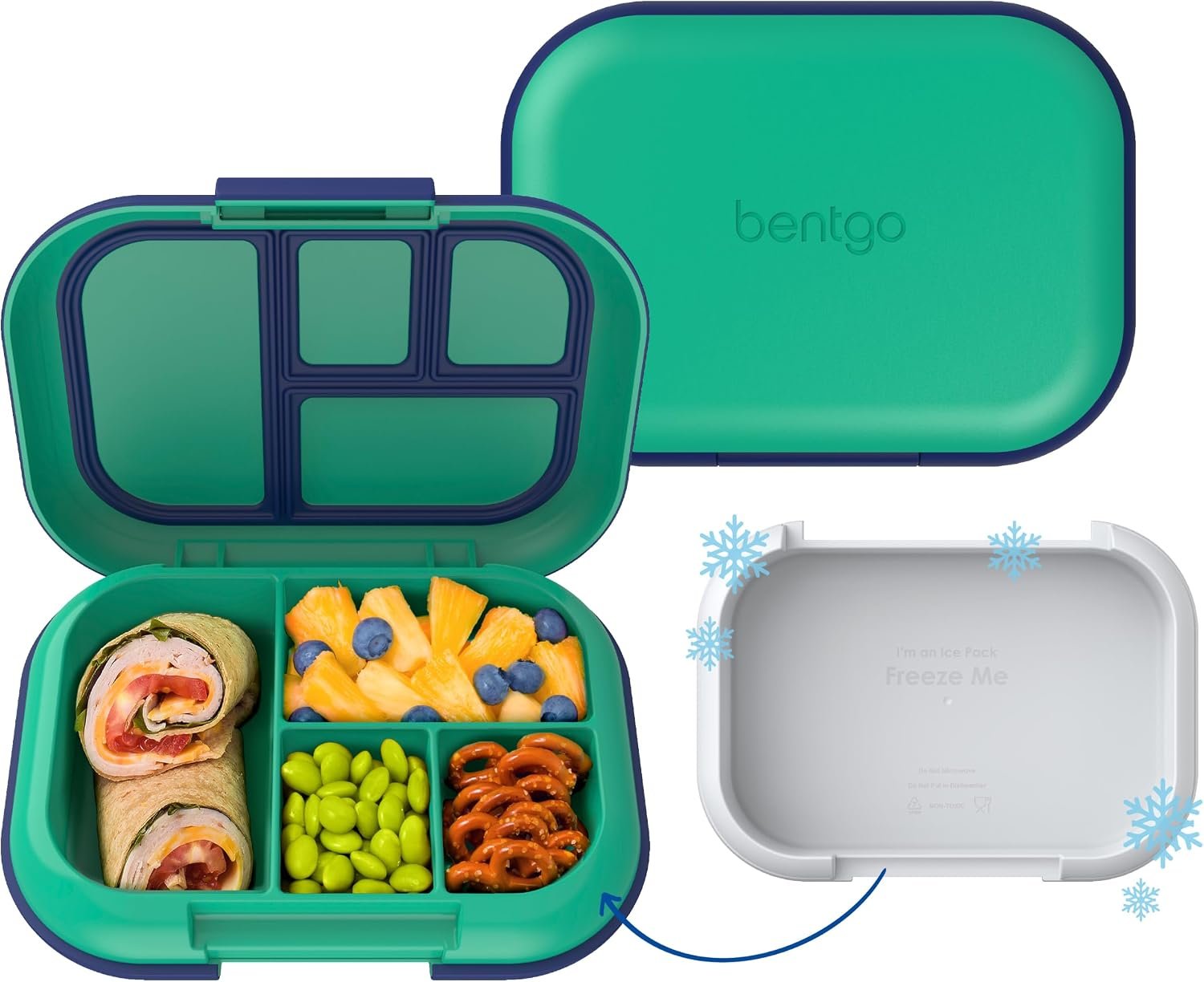 Bentgo Chill Kids Leakproof Lunch Box – 4-Compartment Bento Box with Built-In Ice Pack, 3.3 Cup Capacity, BPA-Free, Microwave & Dishwasher Safe Tray, Ages 3–7 (Green/Navy)