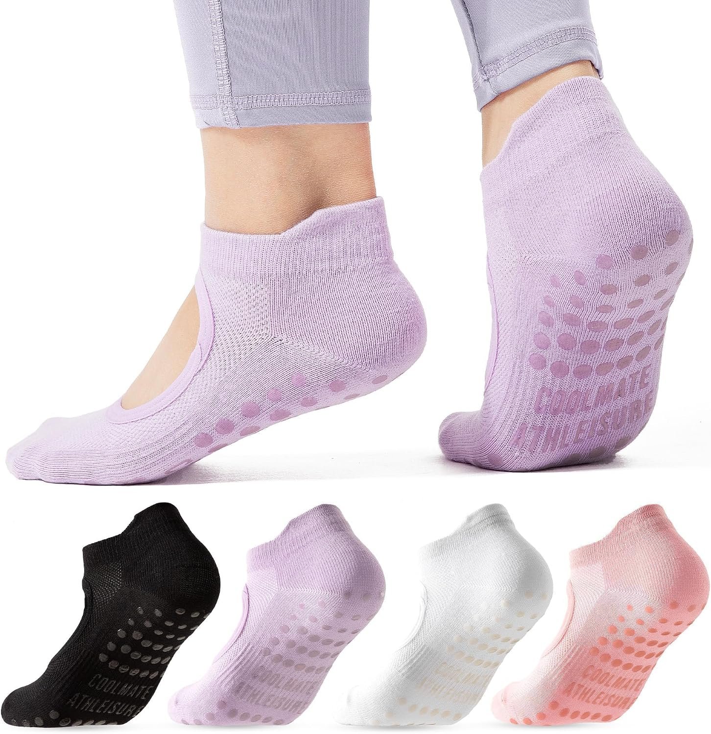 COOLMATE Pilates Socks with Grips for Women, Yoga Socks, Crew Non Slip Women for Barre, Pilates Gifts for Women