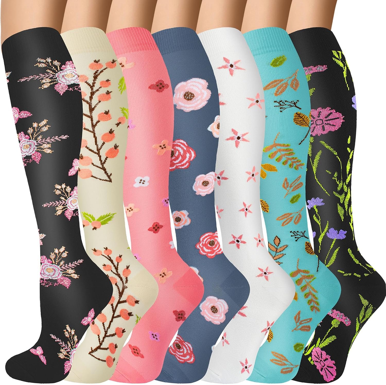 Compression Socks for Women & Men 7 Pairs Knee High Compression Socks 20-30 mmhg Best for Running,Nurse,Travel