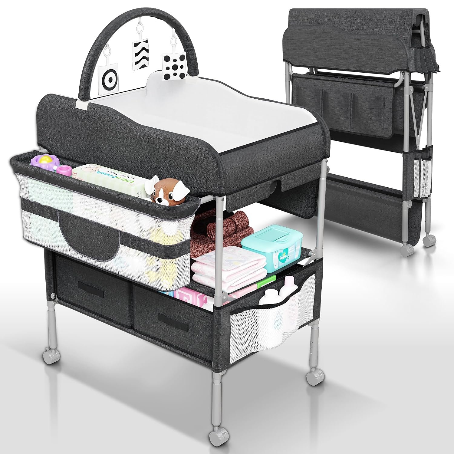 Baby Changing Table Black with Storage – Collapsible Baby Diaper Changing Station with Toy Holder, Baskets – Diaper Changing Table for Small Spaces, Portable Changing Table for Baby